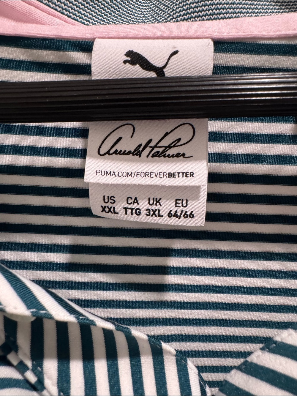 Puma Men's Green & White Striped Polo with Pink-Trim Collar